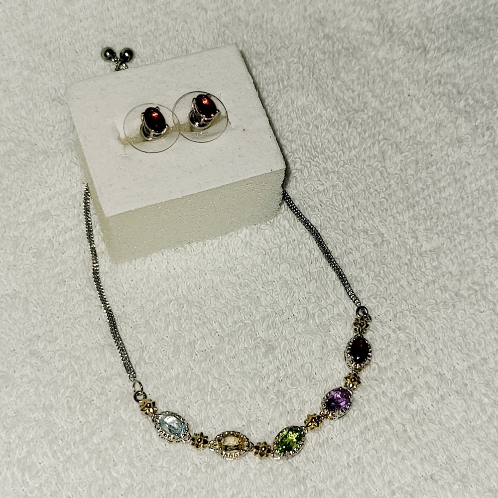 Multi Gemstone Stud Earrings and Bolo Bracelet Set